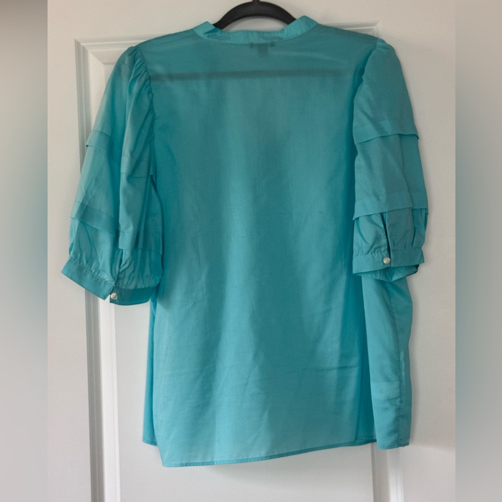 Ann Taylor Turquoise Puff Sleeve V-Neck Blouse - Picture 4 of 4
